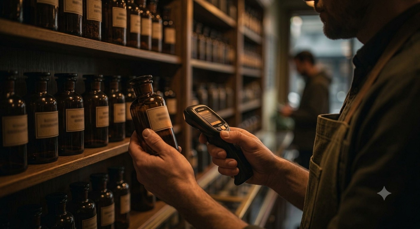 Staff member doing a physical shelf count with a handheld scanner